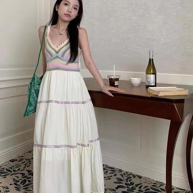 Summer Dress Suspender Hollowed Patchwork Style For Women