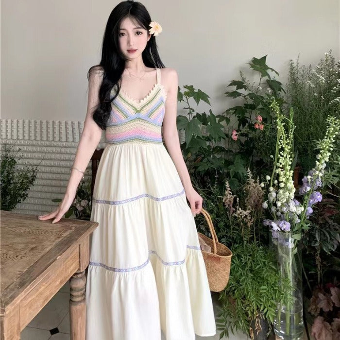 Summer Dress Suspender Hollowed Patchwork Style For Women